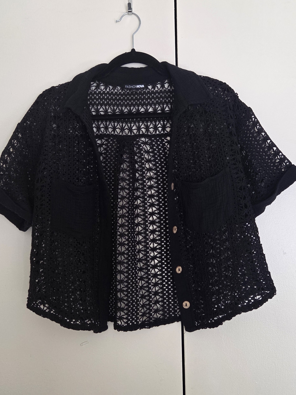 Fashion Nova Black Crochet Button-Front Short Sleeve Shirt
